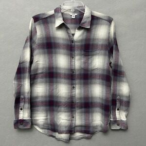 Sonoma Button Front Shirt Womens Medium Purple Plaid Cotton Rayon Flannel Style